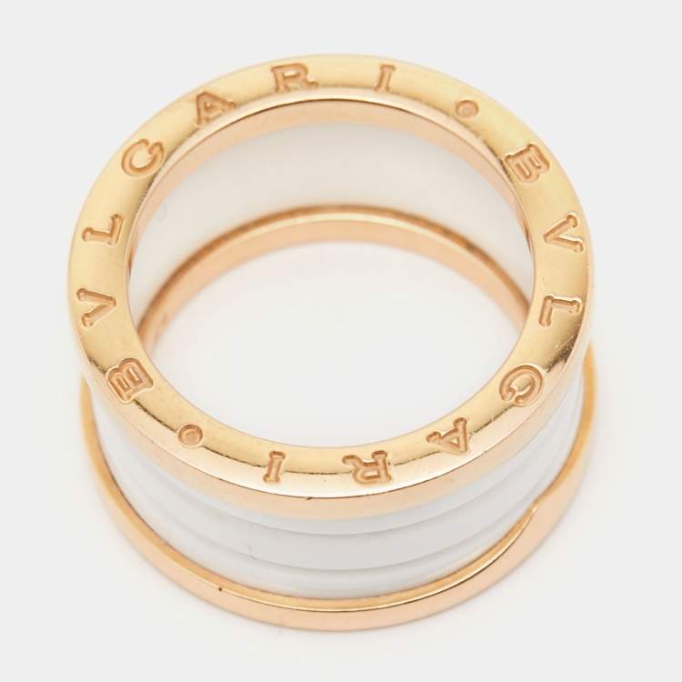 Pre Owned Bvlgari B.Zero1 White Ceramic 18k Rose Gold 4 Band Ring Size 57