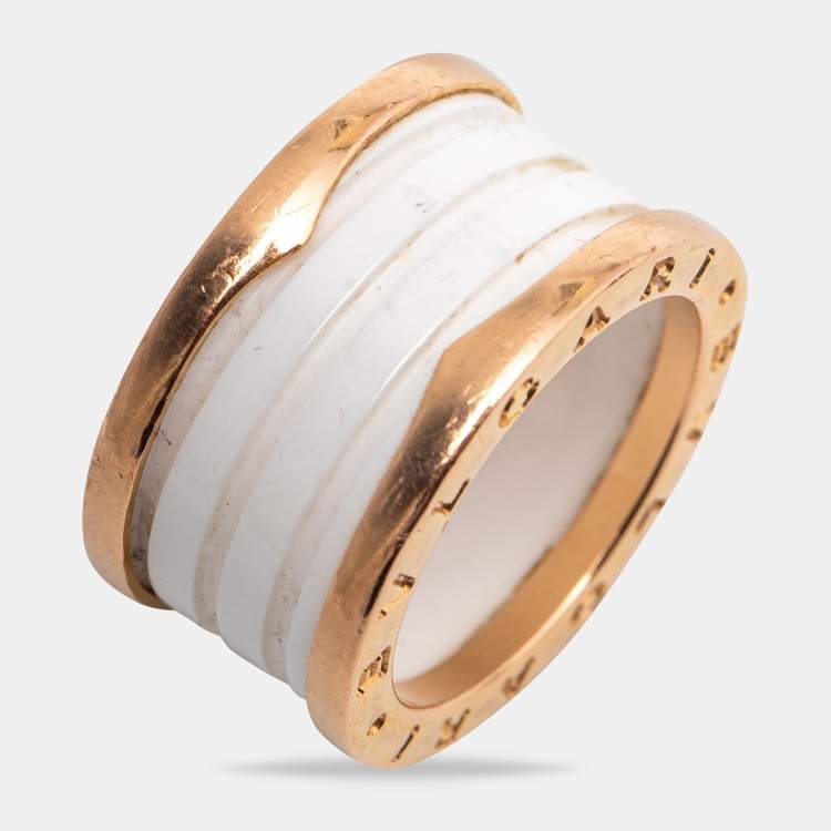 Pre Owned Bvlgari B.Zero1 White Ceramic 18k Rose Gold Band Ring Size 53