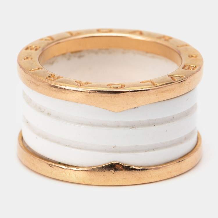 Pre Owned Bvlgari B.Zero1 White Ceramic 18k Rose Gold Band Ring Size 53