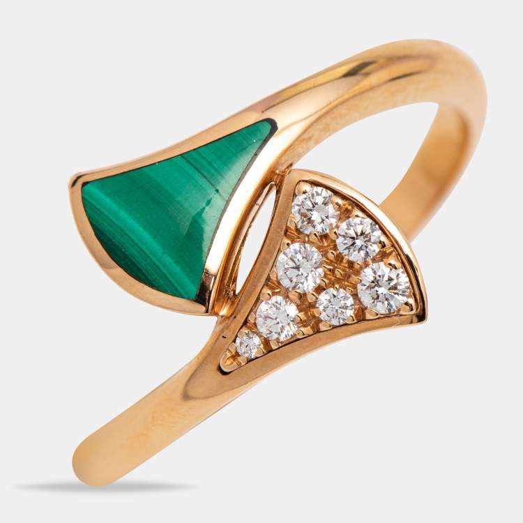 Pre Owned Bvlgari Divas' Dream Malachite Diamond 18k Rose Gold Ring Size 54