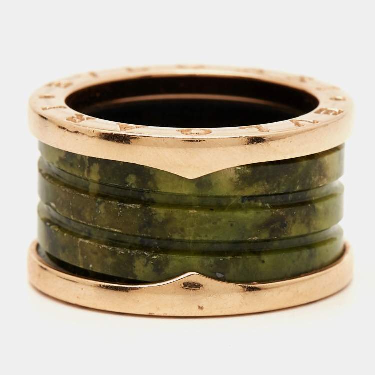 Pre Owned Bvlgari B.Zero1 Green Marble 18k Rose Gold Band Ring Size 52