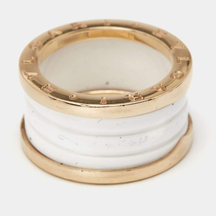 Pre Owned Bvlgari B.Zero1 White Ceramic 18k Rose Gold Band Ring Size 55