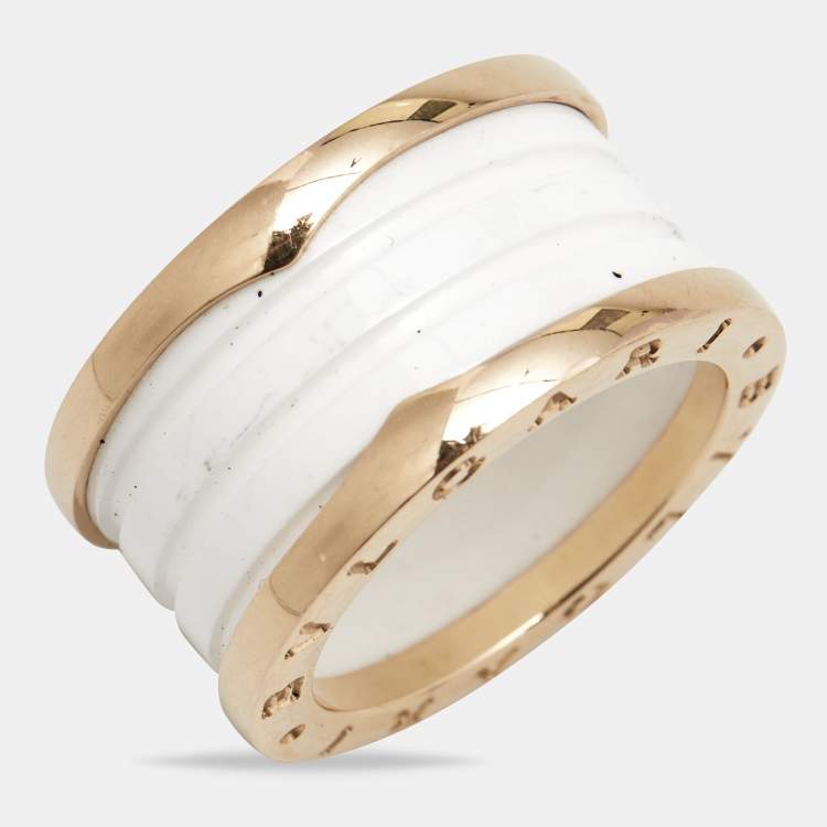 Pre Owned Bvlgari B.Zero1 White Ceramic 18k Rose Gold Band Ring Size 55