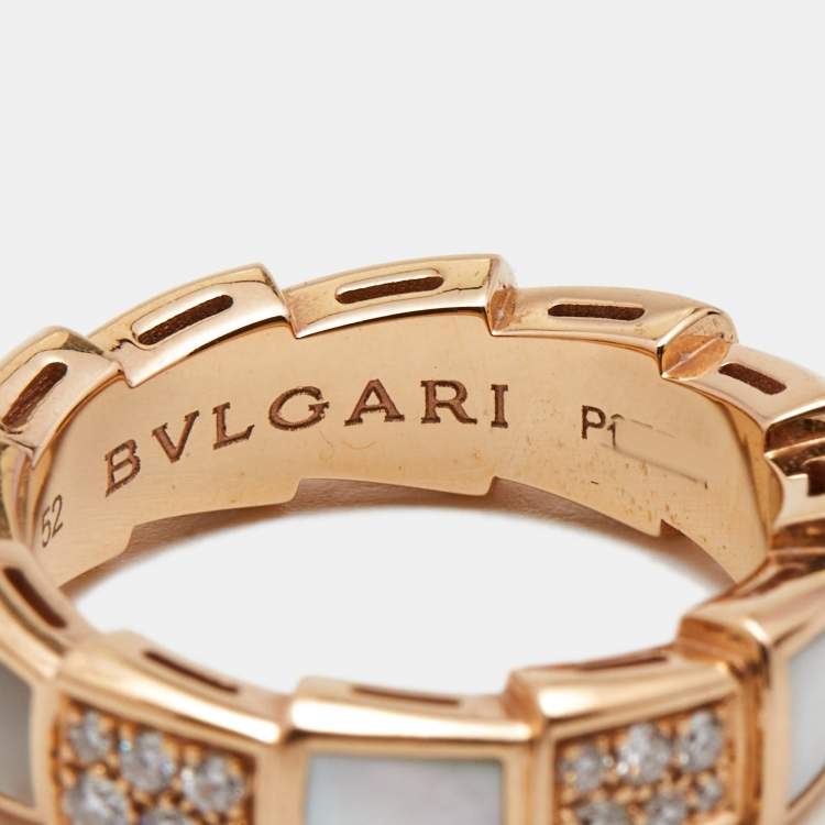 Pre Owned Bvlgari Serpenti Viper Mother of Pearl Diamonds 18k Rose Gold Ring Size 52