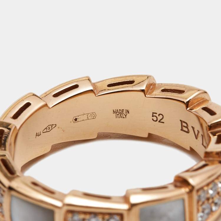 Pre Owned Bvlgari Serpenti Viper Mother of Pearl Diamonds 18k Rose Gold Ring Size 52