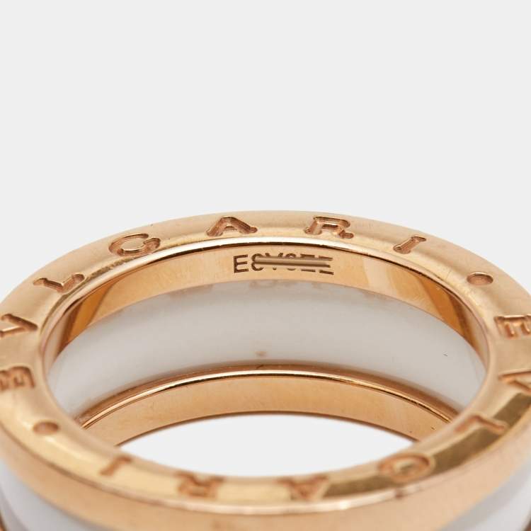 Pre Owned Bvlgari B.Zero1 2-Band White Ceramic 18k Rose Gold Band Ring Size 55