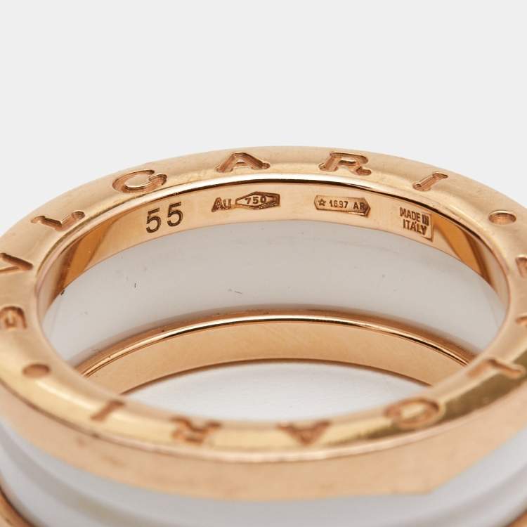Pre Owned Bvlgari B.Zero1 2-Band White Ceramic 18k Rose Gold Band Ring Size 55