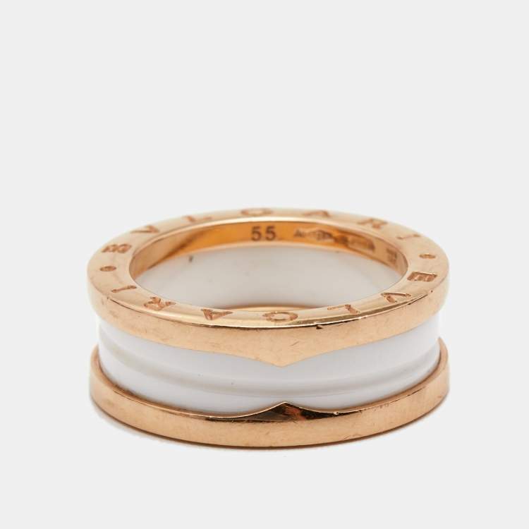 Bvlgari B.Zero1 2-Band White Ceramic 18k Rose Gold Band Ring Size