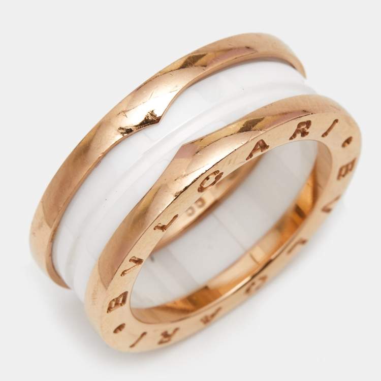 Pre Owned Bvlgari B.Zero1 2-Band White Ceramic 18k Rose Gold Band Ring Size 55