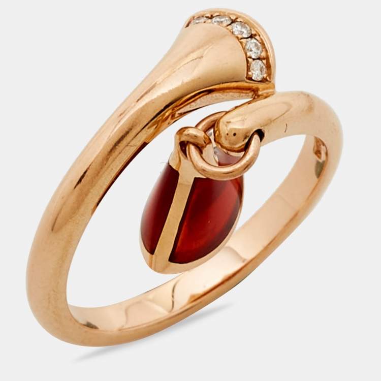 Pre Owned Bvlgari Divas' Dream Carnelian Diamond 18k Rose Gold Charm Ring Size 53
