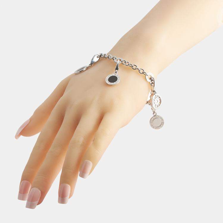Pre Owned Bvlgari 18K White Gold Diamond and Onyx Charm Bracelet