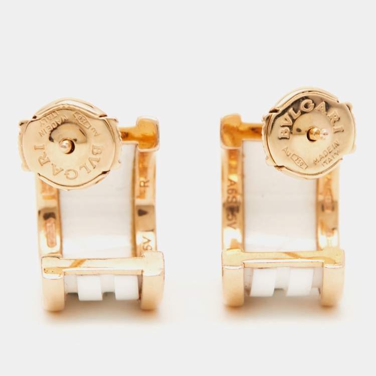 Pre Owned Bvlgari B.Zero1 White Ceramic 18k Rose Gold Hoop Earrings