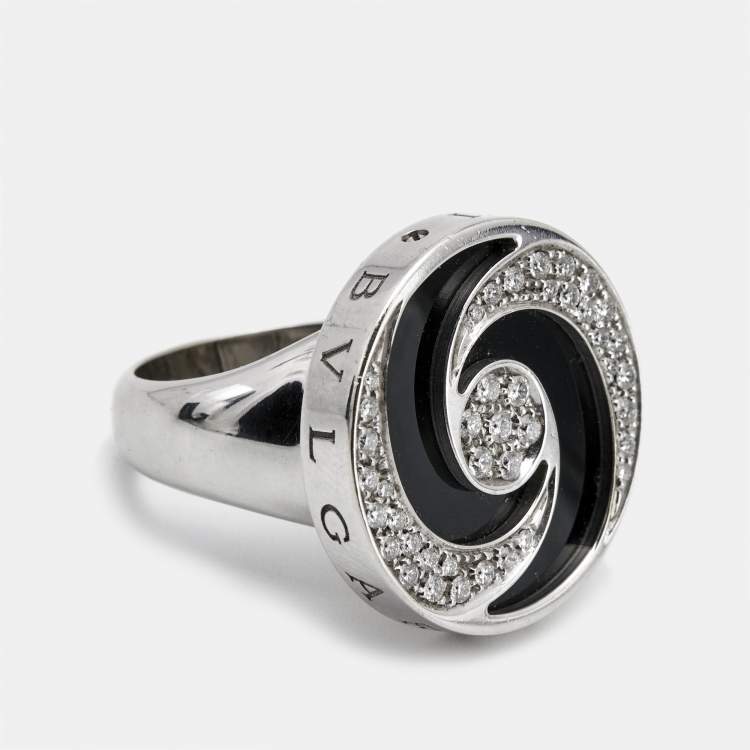 Pre Owned Bvlgari Optical Illusion White Gold and Black Onyx Ring Size 55