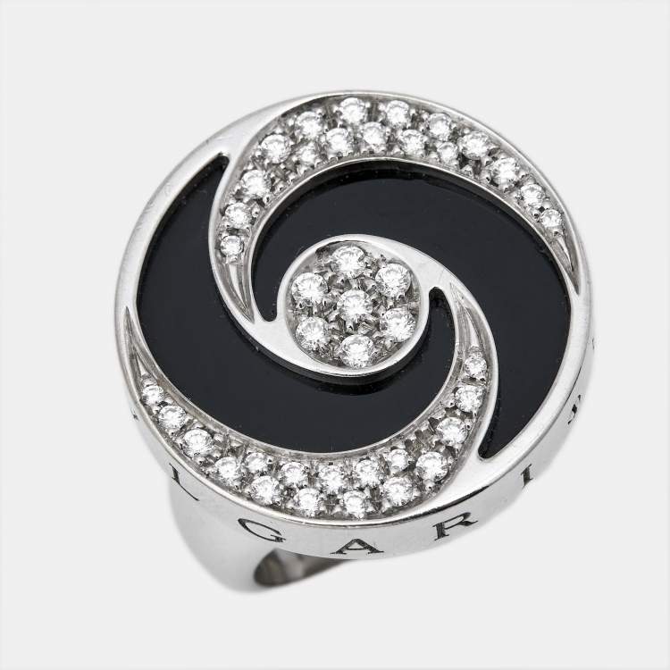 Pre Owned Bvlgari Optical Illusion White Gold and Black Onyx Ring Size 55