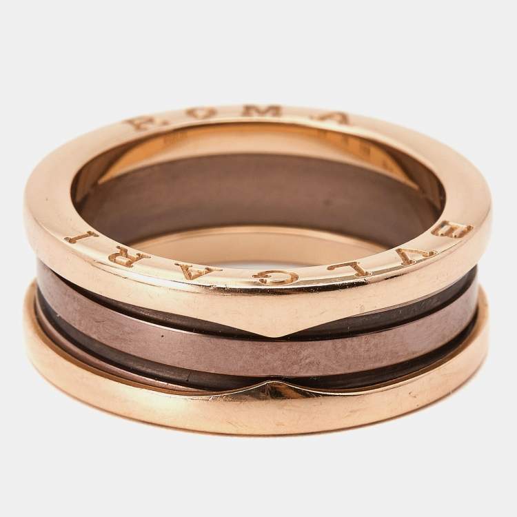 Pre Owned Bvlgari Roma B.Zero1 2-Band Ceramic 18k Rose Gold Ring Size 60