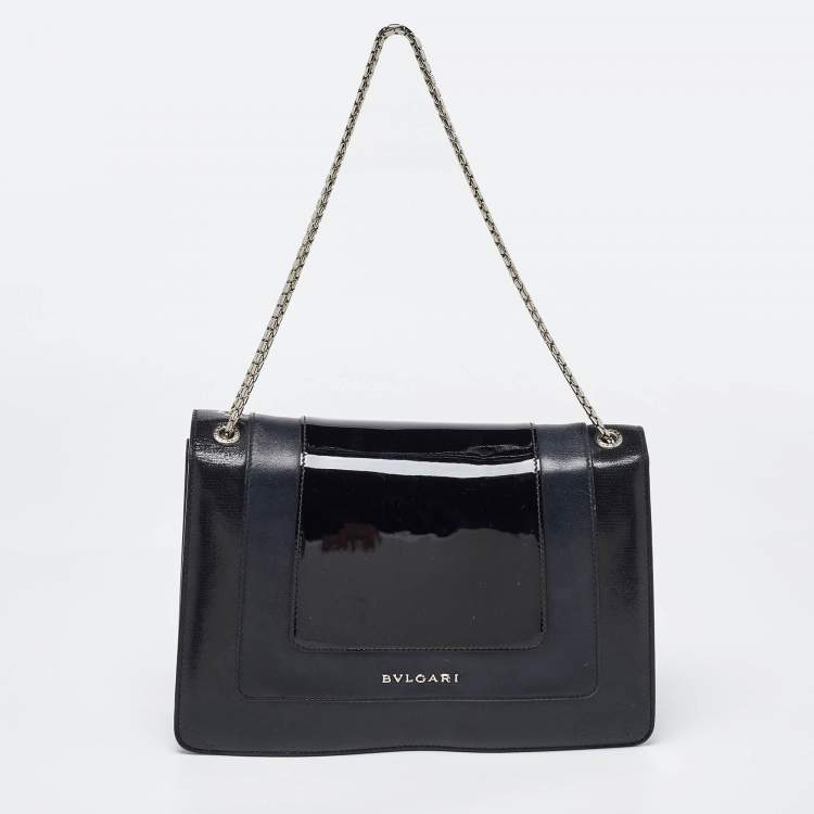 Pre Owned Bvlgari Black Leather and Patent Leather Medium Serpenti Forever Flap Shoulder Bag