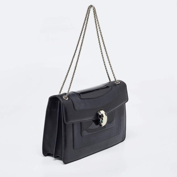 Pre Owned Bvlgari Black Leather and Patent Leather Medium Serpenti Forever Flap Shoulder Bag