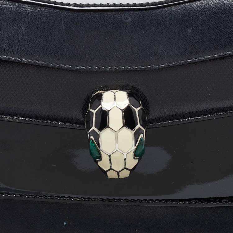 Pre Owned Bvlgari Black Leather and Patent Leather Medium Serpenti Forever Flap Shoulder Bag