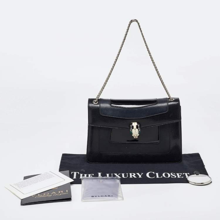 Pre Owned Bvlgari Black Leather and Patent Leather Medium Serpenti Forever Flap Shoulder Bag