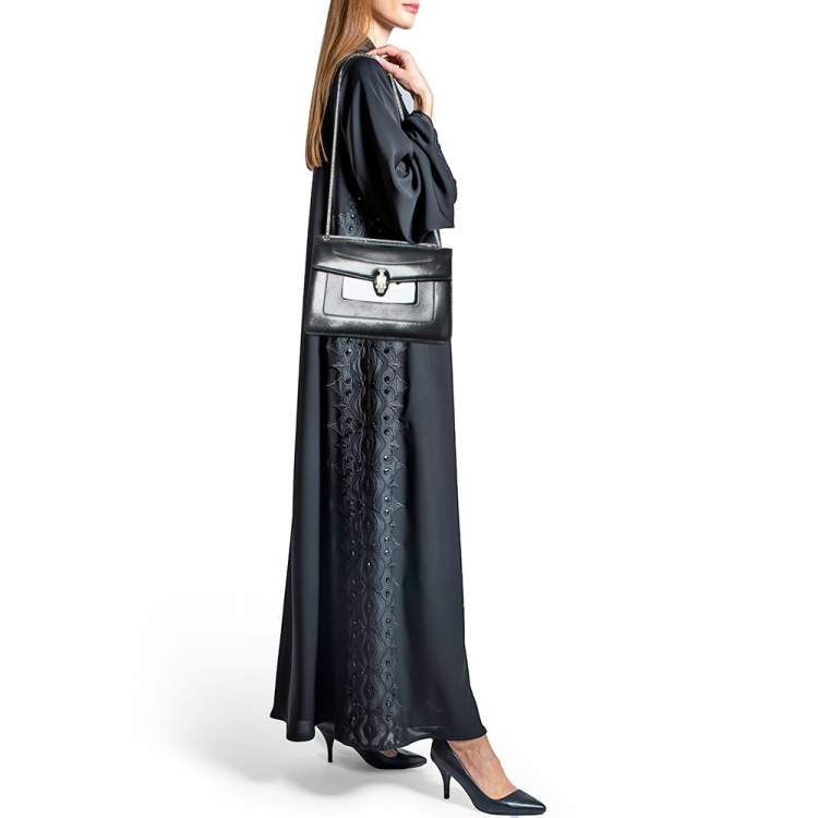 Pre Owned Bvlgari Black Leather and Patent Leather Medium Serpenti Forever Flap Shoulder Bag