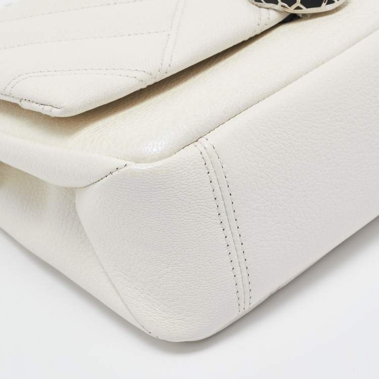 Pre Owned Bvlgari Pearl White Quilted Iridescent Leather Small Serpenti Cabochon Shoulder Bag