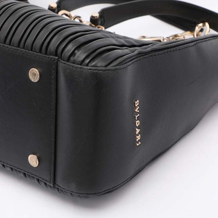 Pre Owned Bvlgari Black Leather Monte Plisse Shopper Tote