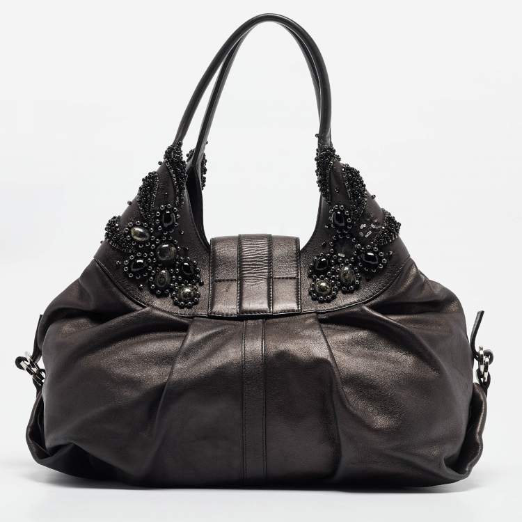 Pre Owned Bvlgari Black Leather Crystals Embellished Chandra Hobo