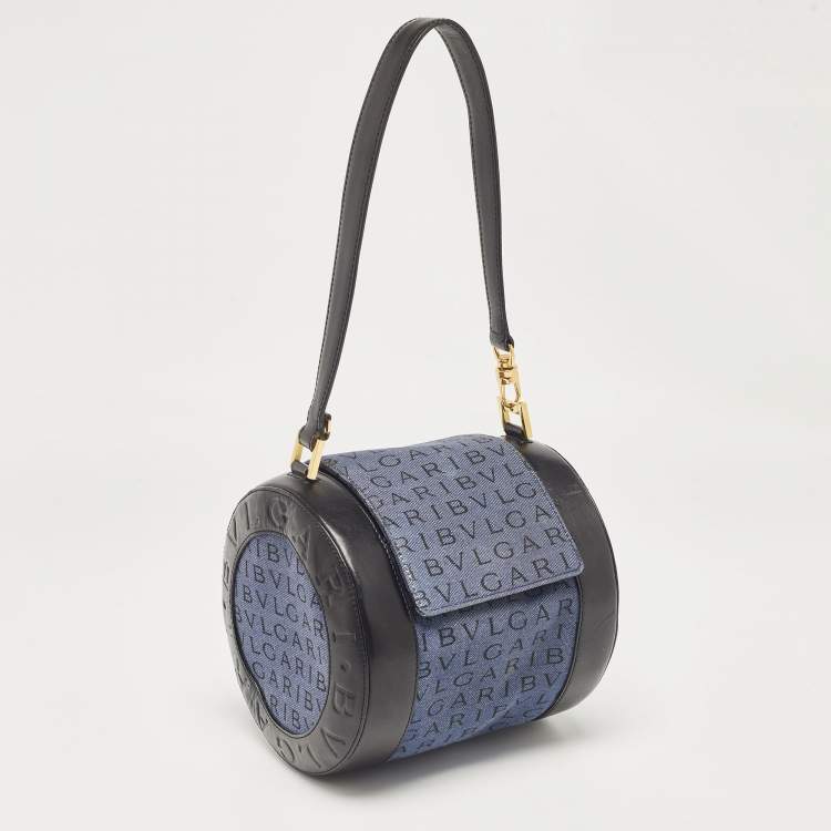 Pre Owned Bvlgari Blue/Black Denim and Leather Cylinder Bag
