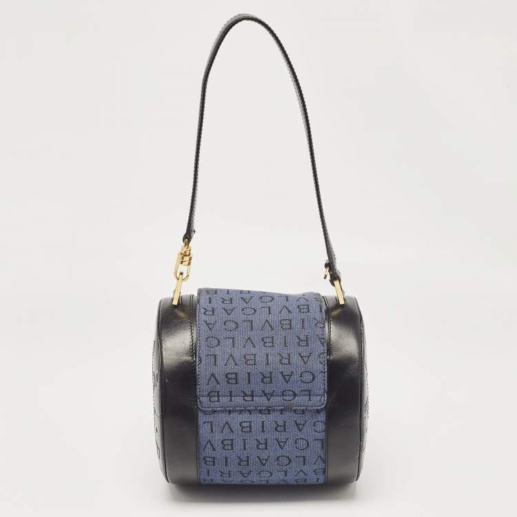 Pre Owned Bvlgari Blue/Black Denim and Leather Cylinder Bag