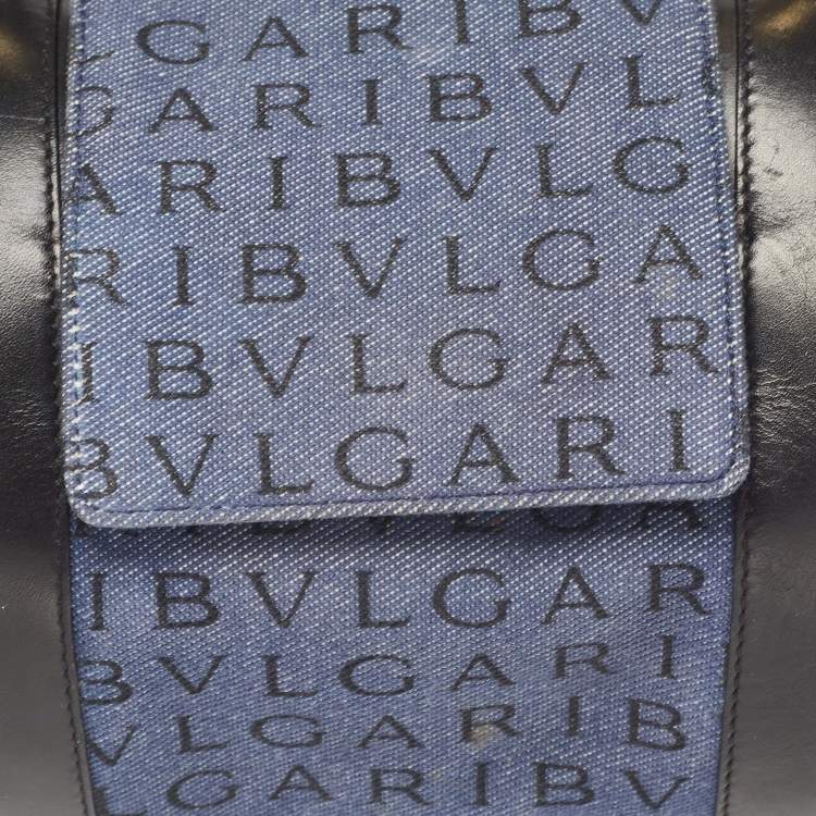 Pre Owned Bvlgari Blue/Black Denim and Leather Cylinder Bag