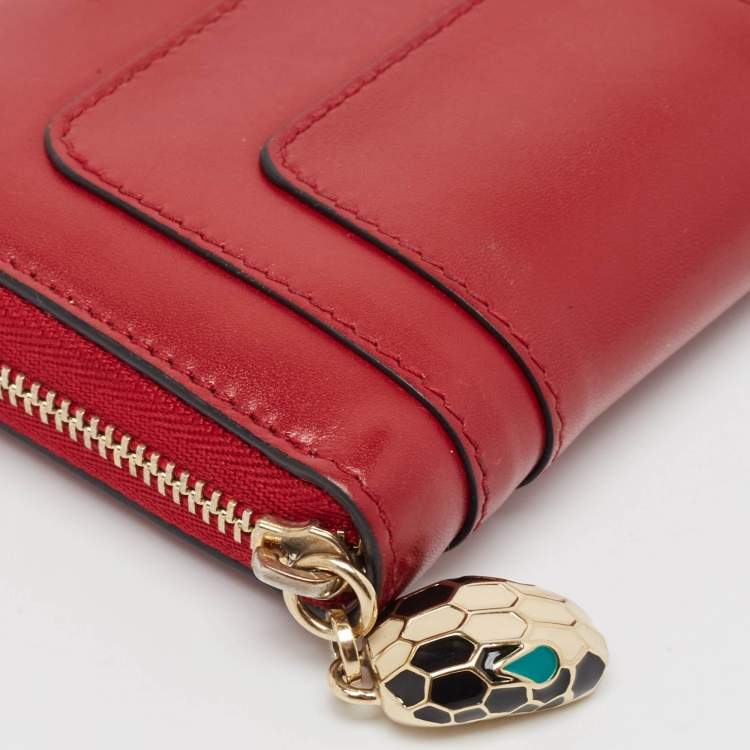 Pre Owned Bvlgari Red Leather Serpenti Forever Zip Around Wallet