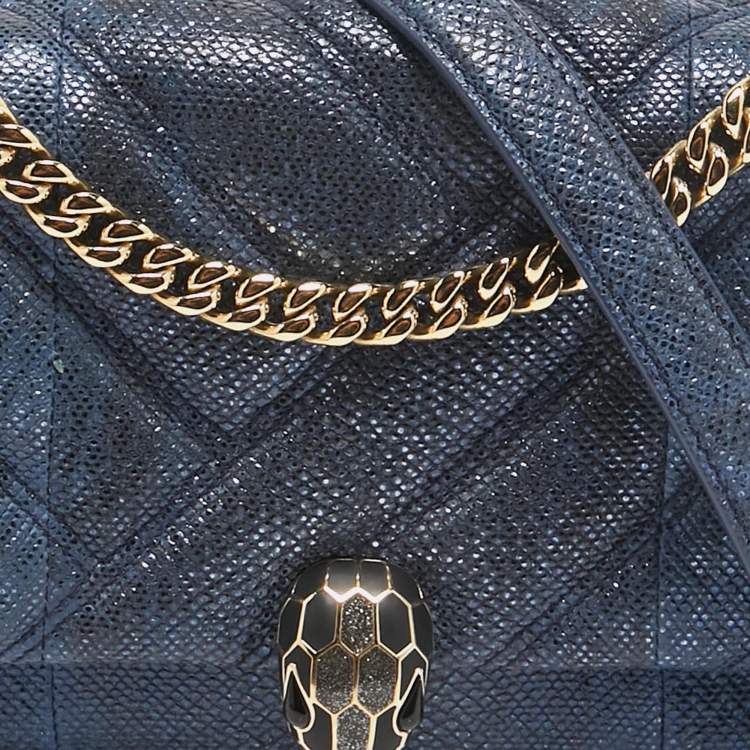 Pre Owned Bvlgari Navy Blue Shimmering Karung Leather Small Serpenti Cabochon Shoulder Bag