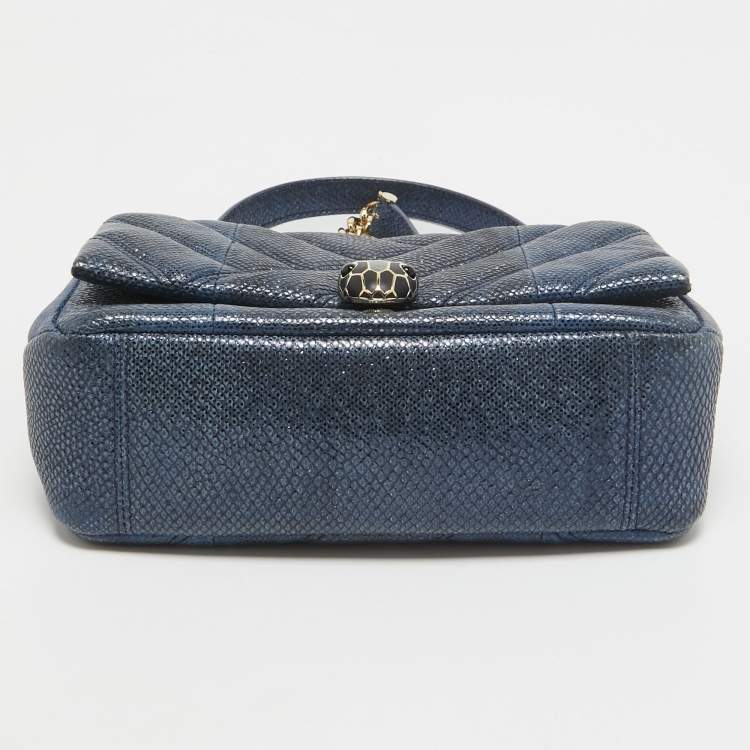 Pre Owned Bvlgari Navy Blue Shimmering Karung Leather Small Serpenti Cabochon Shoulder Bag