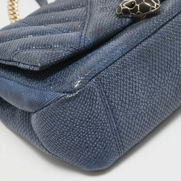Pre Owned Bvlgari Navy Blue Shimmering Karung Leather Small Serpenti Cabochon Shoulder Bag