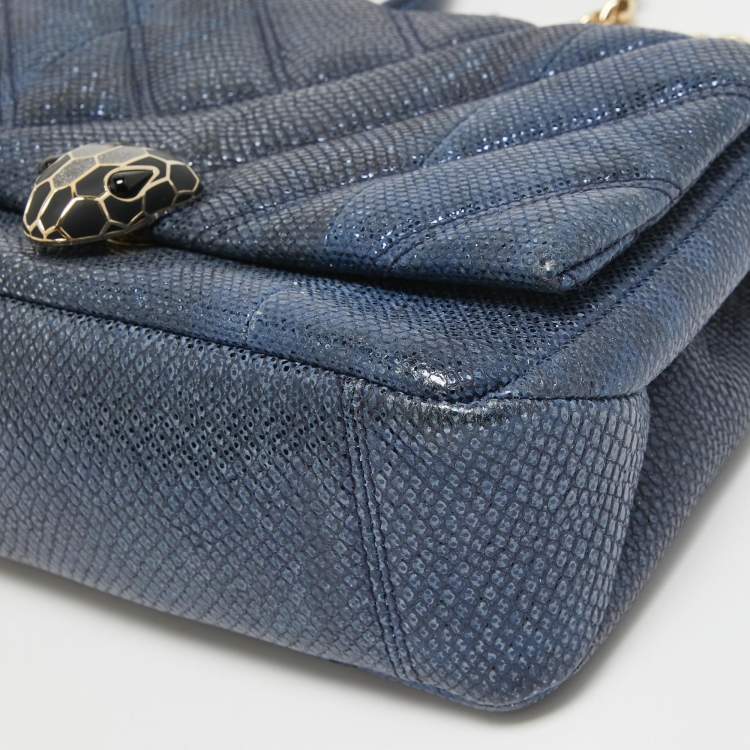 Pre Owned Bvlgari Navy Blue Shimmering Karung Leather Small Serpenti Cabochon Shoulder Bag