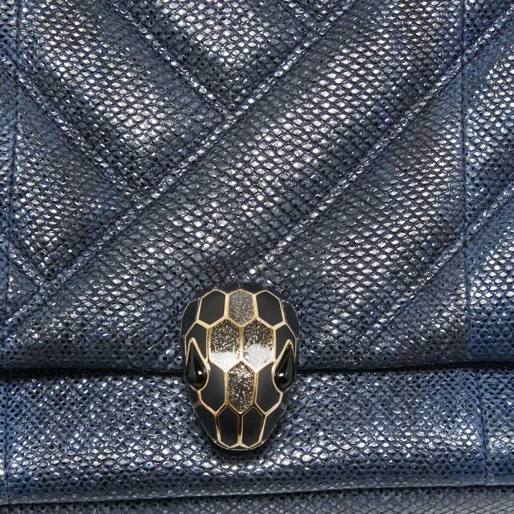 Pre Owned Bvlgari Navy Blue Shimmering Karung Leather Small Serpenti Cabochon Shoulder Bag