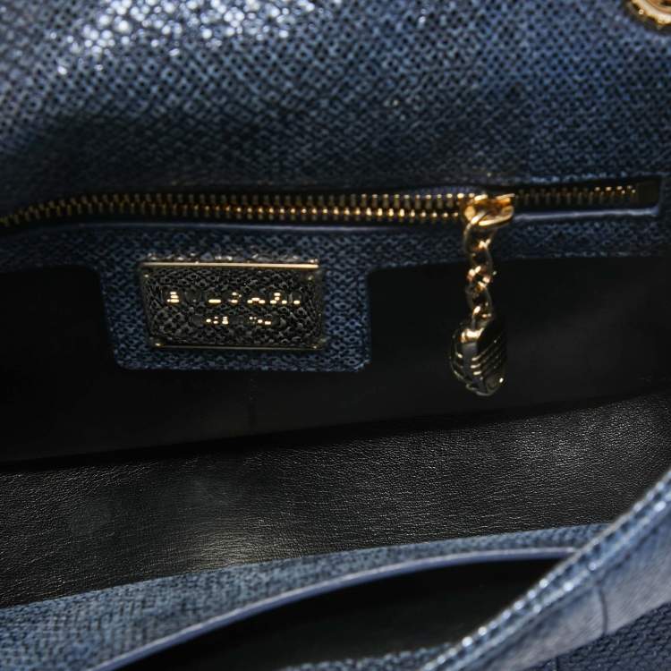 Pre Owned Bvlgari Navy Blue Shimmering Karung Leather Small Serpenti Cabochon Shoulder Bag