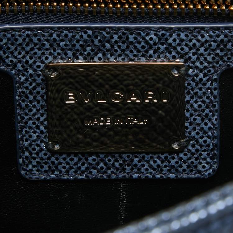 Pre Owned Bvlgari Navy Blue Shimmering Karung Leather Small Serpenti Cabochon Shoulder Bag