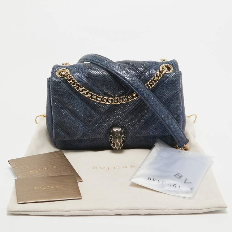 Pre Owned Bvlgari Navy Blue Shimmering Karung Leather Small Serpenti Cabochon Shoulder Bag