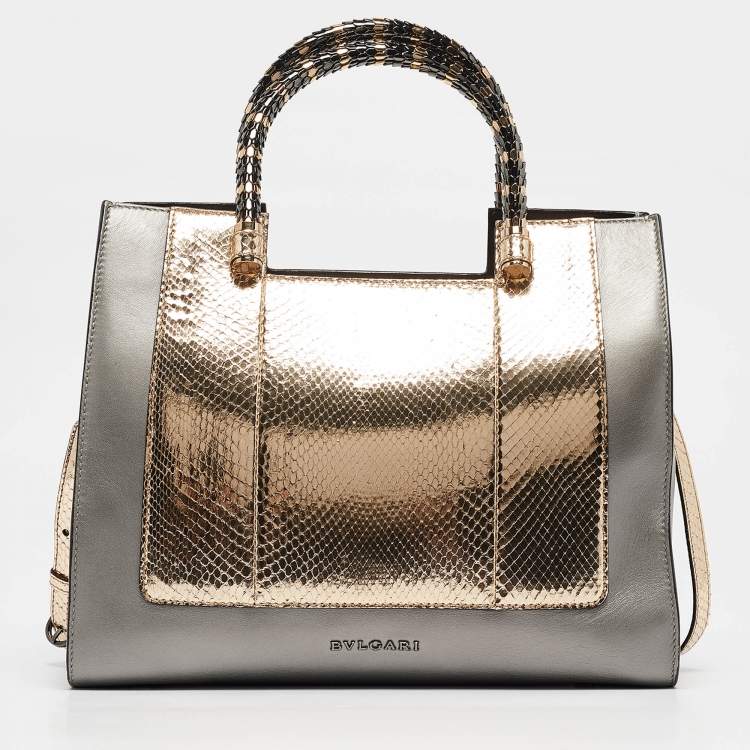 Pre Owned Bvlgari Gold/Grey Leather and Snakeskin Serpenti Scaglie Tote