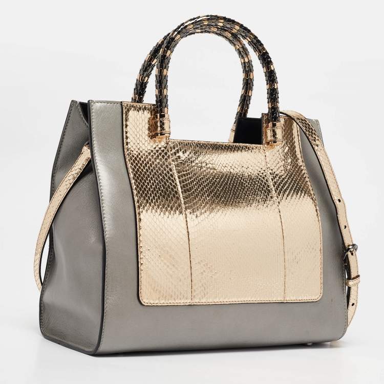 Pre Owned Bvlgari Gold/Grey Leather and Snakeskin Serpenti Scaglie Tote