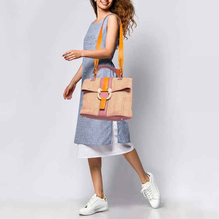 Pre Owned Bvlgari Pink/Orange Woven Leather Leoni Shoulder Bag