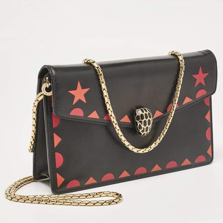 Pre Owned Bvlgari Black Leather Serpenti Forever Patch Chain Clutch