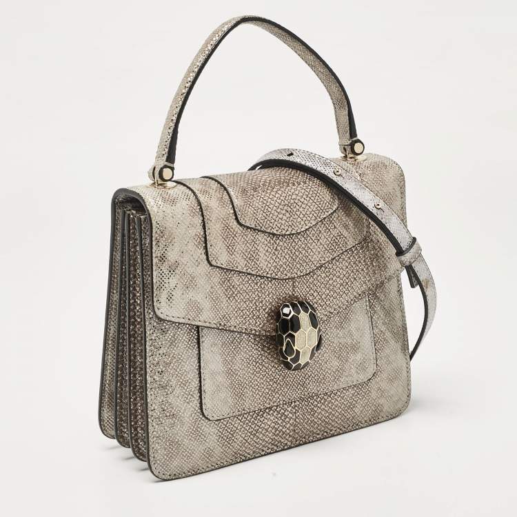 Pre Owned Bvlgari Silver/Beige Karung Leather Small Serpenti Forever Top Handle Bag