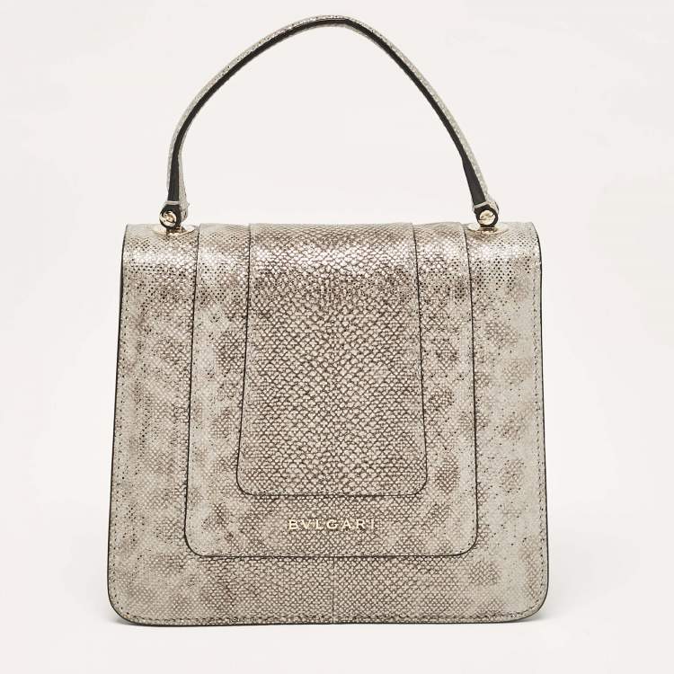 Pre Owned Bvlgari Silver/Beige Karung Leather Small Serpenti Forever Top Handle Bag
