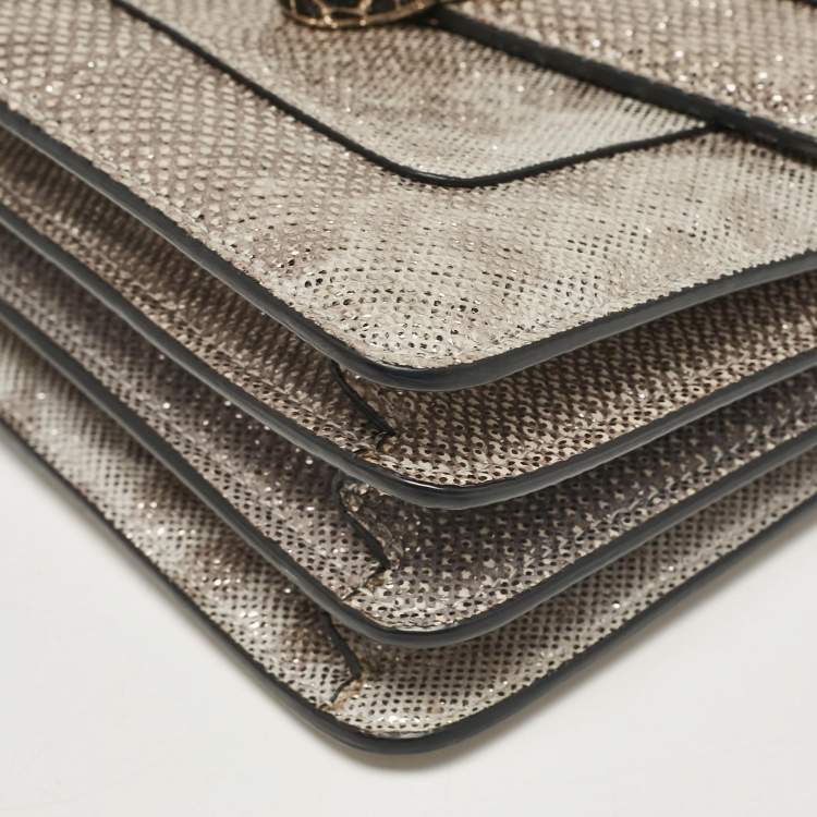 Pre Owned Bvlgari Silver/Beige Karung Leather Small Serpenti Forever Top Handle Bag