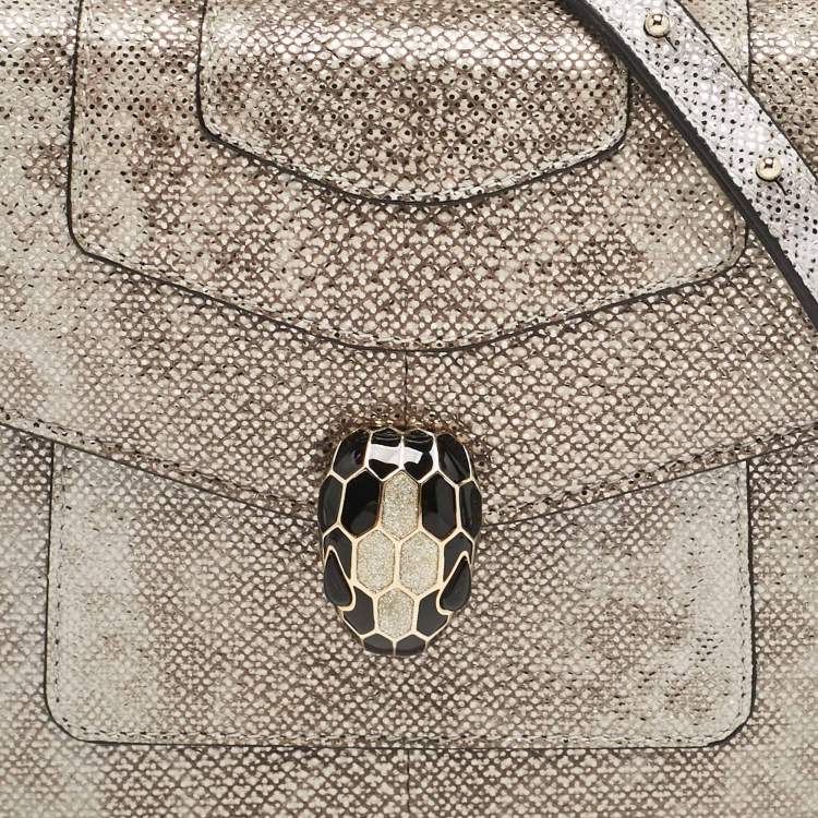 Pre Owned Bvlgari Silver/Beige Karung Leather Small Serpenti Forever Top Handle Bag