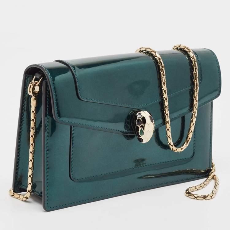 Pre Owned Bvlgari Green Patent Leather Serpenti Forever Wallet On Chain