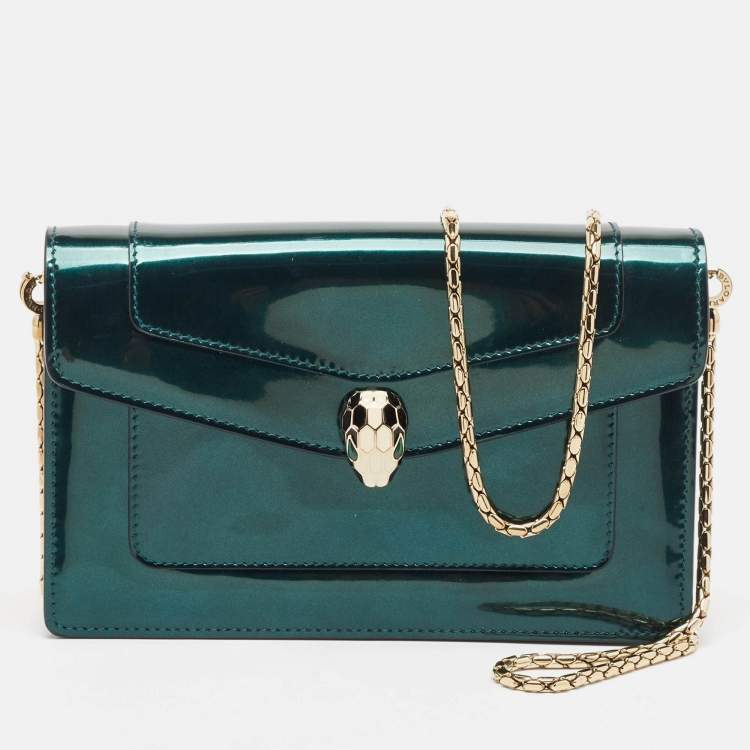 Pre Owned Bvlgari Green Patent Leather Serpenti Forever Wallet On Chain