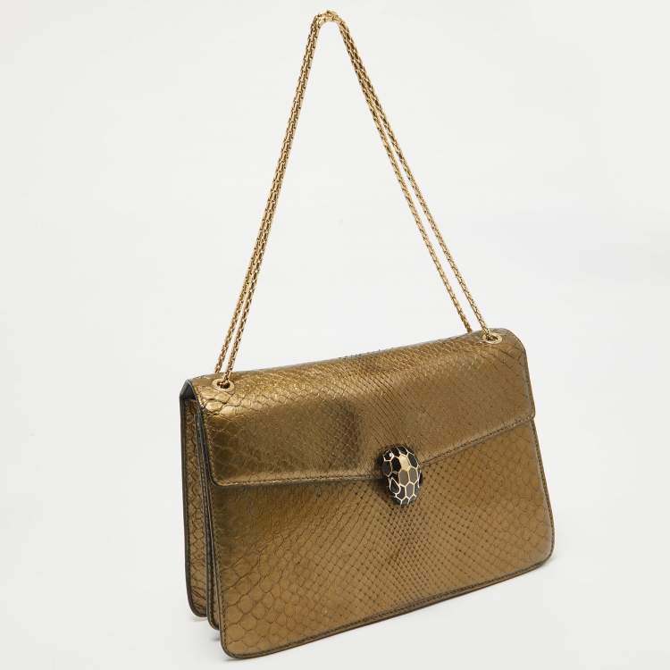 Pre Owned Bvlgari Olive Green Python Medium Serpenti Forever Shoulder Bag